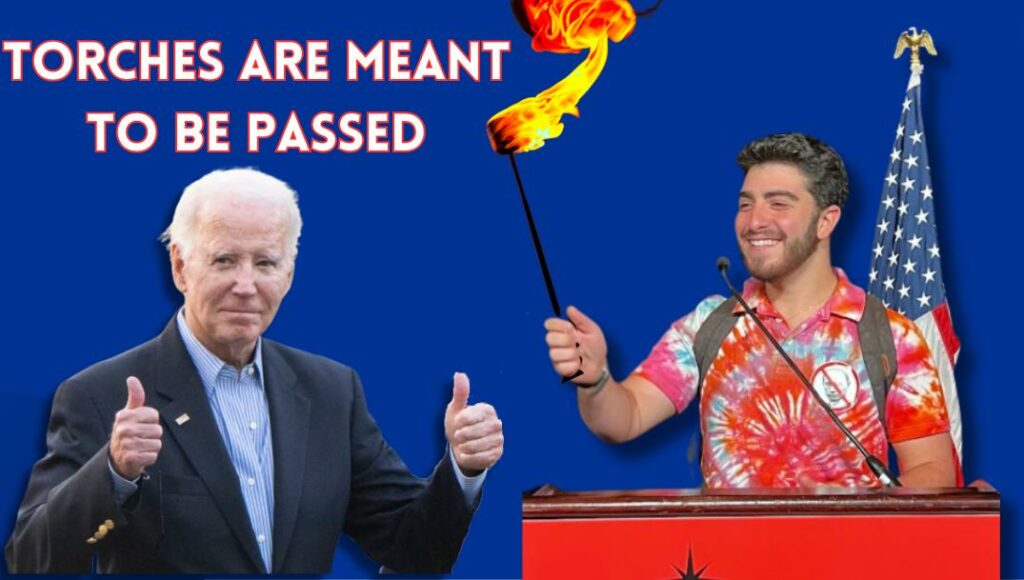 Shot of President Biden giving two thumbs up, and ben brave holding a lit torch behind a podium, American flag in the background 